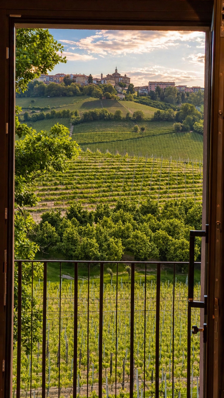 View from a Villa Irene Langhe balcony onto the Barolo vineyards and a hilltop village in the Langhe, Monforte d'Alba