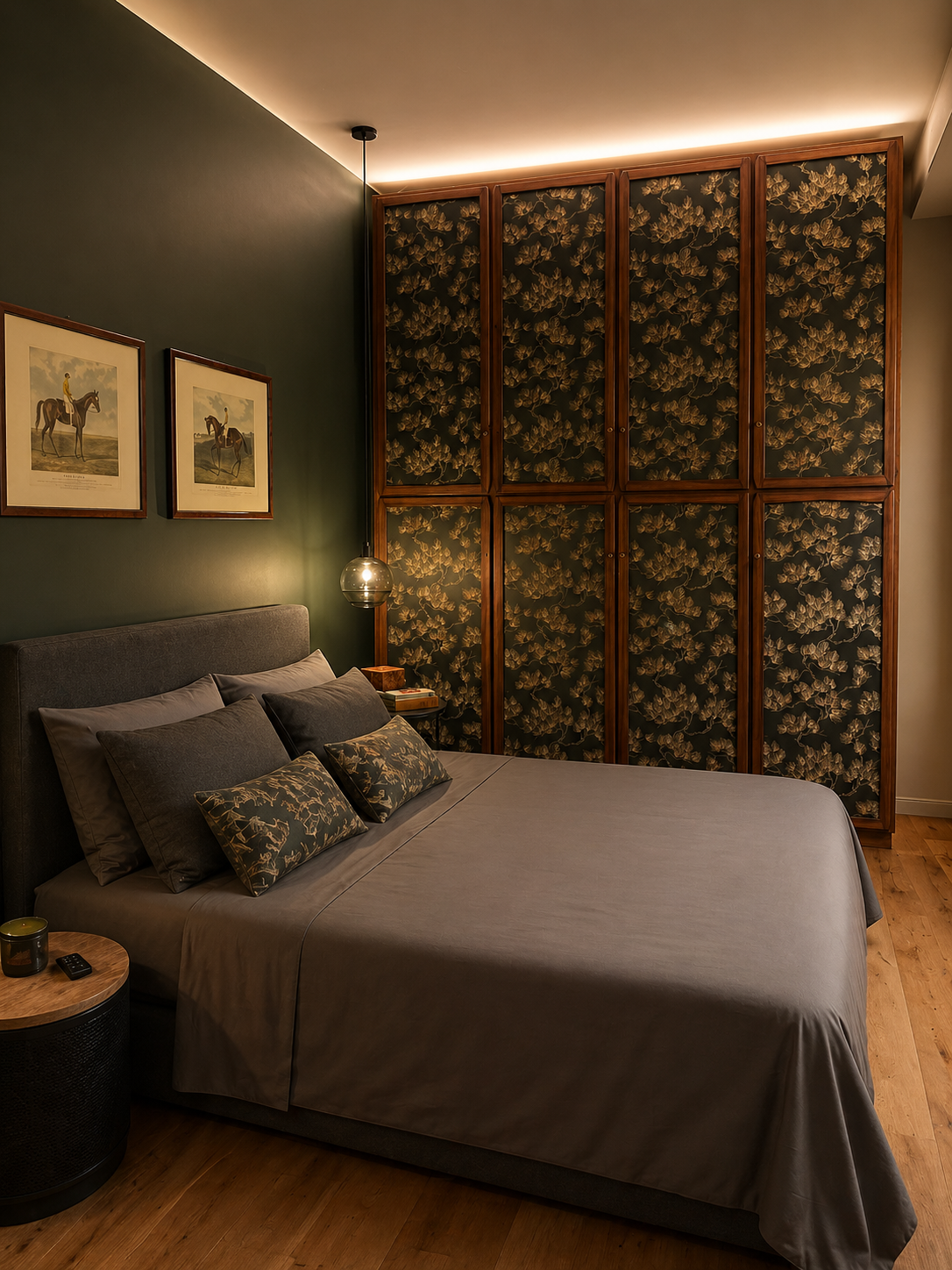 Green bedroom with custom magnolia-pattern wardrobe and equestrian prints