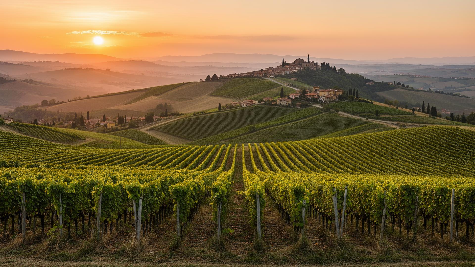 UNESCO Langhe vineyards at sunset near Monforte d'Alba, Barolo wine region Piemonte
